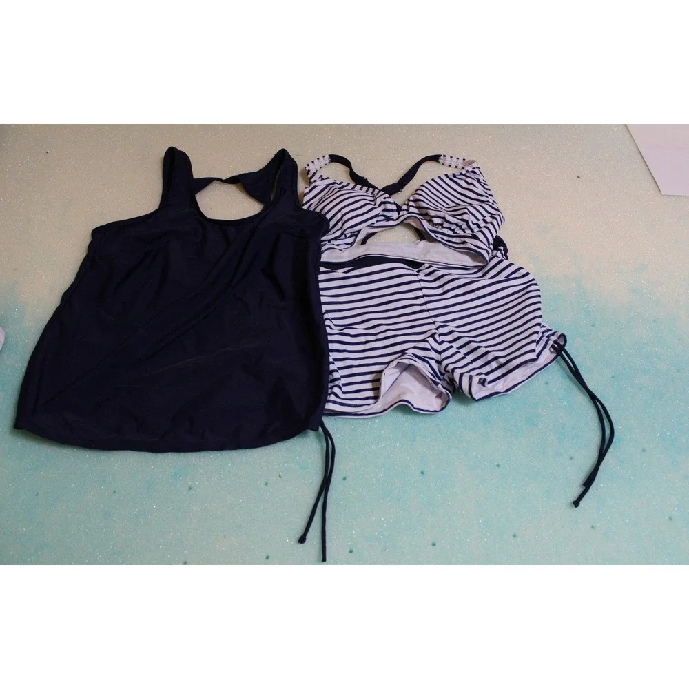 Yonique Womens 3 Piece Tankini Set Navy Blue Striped Bikini Boy Shorts Size M